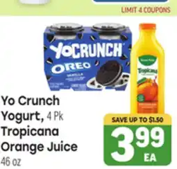 Tony’s Fresh Market Yo Crunch Yogurt, 4 Pk Tropicana Orange Juice 46 oz offer