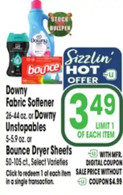 Jewel-Osco Downy Fabric Softener 26-44 oz. or Downy Unstopables 5-5.9 oz. or Bounce Dryer Sheets 50-105 ct offer