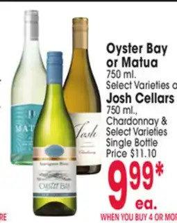 Jewel-Osco Oyster Bay or Matua 750 ml. Select Varieties or Josh Cellars 750 ml. Chardonnay & Select Varieties offer