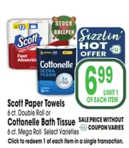 Jewel-Osco Scott Paper Towels 6 ct. Double Roll or Cottonelle Bath Tissue 6 ct. Mega Roll offer