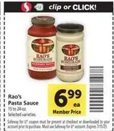 Safeway Rao's Pasta Sauce offer