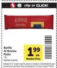Safeway Barilla Al Bronzo Pasta offer