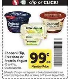 Safeway Chobani Flip, Creations or Protein Yogurt offer