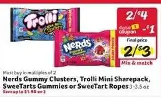 Winn Dixie Nerds Gummy Clusters, Trolli Mini Sharepack, SweeTarts Gummies or SweeTart Ropes offer