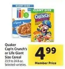 Safeway Quaker Cap’n Crunch’s or Life Giant Size Cereal offer