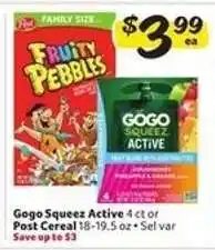 Winn Dixie Gogo Squeez Active or Post Cereal offer