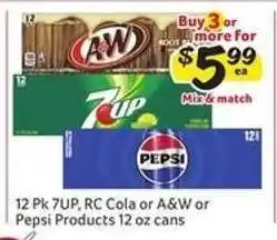 Winn Dixie 12 Pk 7UP, RC Cola or A&W or Pepsi Products offer