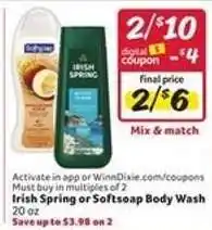 Winn Dixie Irish Spring or Softsoap Body Wash offer