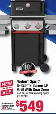 Ace Hardware Weber Spirit E-325 3 Burner LP Grill With Sear Zone offer