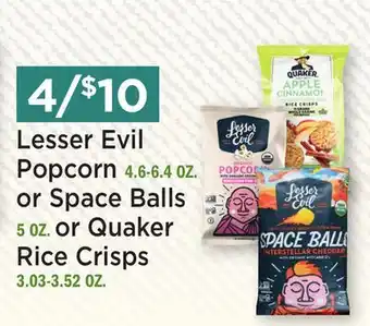 Heinen's Lesser Evil Popcorn 4.6-6.4 OZ. or Space Balls 5 OZ. or Quaker Rice Crisps 3.03-3.52 OZ offer