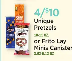 Heinen's Unique Pretzels 10-11 OZ. or Frito Lay Minis Canister 3.62-5.12 OZ offer