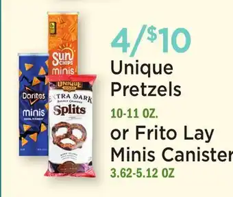 Heinen's Unique Pretzels 10-11 OZ. or Frito Lay Minis Canister 3.62-5.12 OZ offer