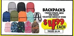 Ollie's BACKPACKS-PADDED STRAPS, MESH SIDE POCKET offer