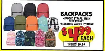 Ollie's BACKPACKS-PADDED STRAPS, MESH SIDE POCKET offer