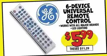 Ollie's 6-DEVICE GE UNIVERSAL REMOTE CONTROL offer