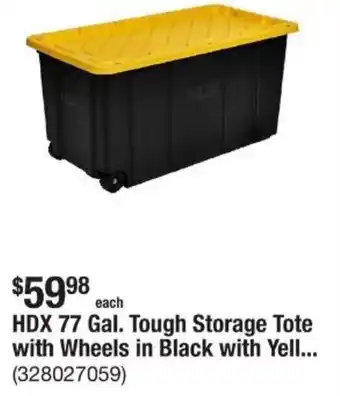The Home Depot HDX 77 Gal. Tough Storage Tote with Wheels in Black with Yell... offer