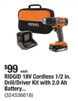 The Home Depot RIDGID 18V Cordless 1/2 in. Drill/Driver Kit with 2.0 Ah Battery... offer