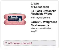 Walgreens 84-Pack Cottonelle Flushable Wipes offer