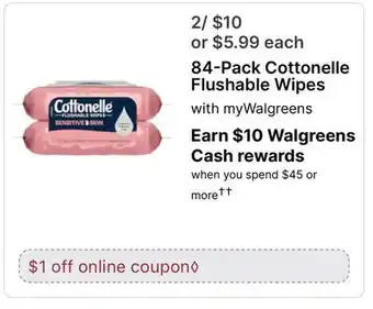 Walgreens 84-Pack Cottonelle Flushable Wipes offer
