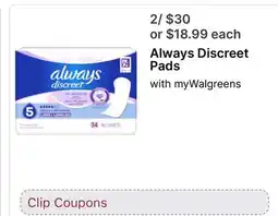 Walgreens Always Discreet Pads offer