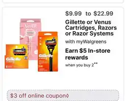 Walgreens Gillette or Venus Cartridges, Razors or Razor Systems offer
