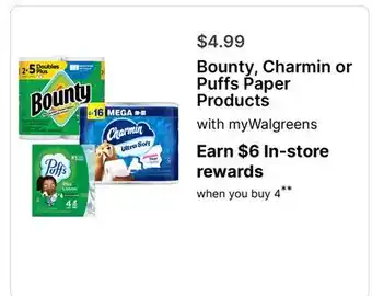 Walgreens Bounty, Charmin or Puffs Paper Products offer