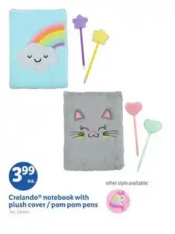 Lidl Crelando notebook with plush cover/pom pom pens offer