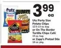 Safeway Utz Party Size Potato Chips or On The Border Tortilla Chips Café or Zapp's Pretzel Stix offer
