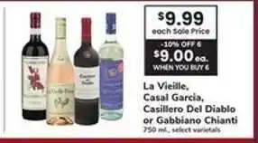 Safeway La Vieille, Casal Garcia, Casillero Del Diablo or Gabbiano Chianti offer