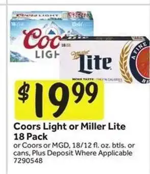 Stop&Shop Coors Light or Miller Lite 18 Pack offer
