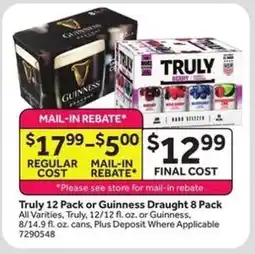 Stop&Shop Truly 12 Pack or Guinness Draught 8 Pack offer