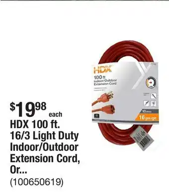 The Home Depot HDX 100 ft. 16/3 Light Duty Indoor/Outdoor Extension Cord, Orange offer