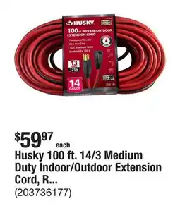 The Home Depot Husky 100 ft. 14/3 Medium Duty Indoor/Outdoor Extension Cord, Red/Black offer
