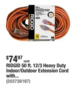 The Home Depot RIDGID 50 ft. 12/3 Heavy Duty Indoor/Outdoor Extension Cord with Lighted End, Orange/Grey offer