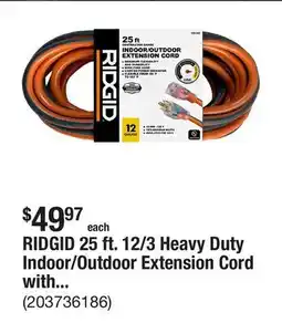 The Home Depot RIDGID 25 ft. 12/3 Heavy Duty Indoor/Outdoor Extension Cord with Lighted End, Orange/Grey offer