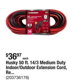 The Home Depot Husky 50 ft. 14/3 Medium Duty Indoor/Outdoor Extension Cord, Red/Black offer