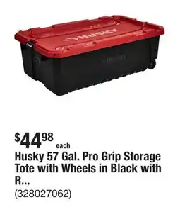 The Home Depot Husky 57 Gal. Pro Grip Storage Tote with Wheels in Black with Red Lid offer