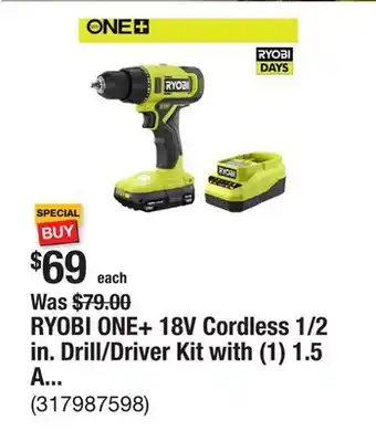 The Home Depot RYOBI ONE+ 18V Cordless 1/2 in. Drill/Driver Kit with (1) 1.5 Ah Battery and Charger offer