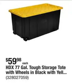The Home Depot HDX 77 Gal. Tough Storage Tote with Wheels in Black with Yellow Lid offer