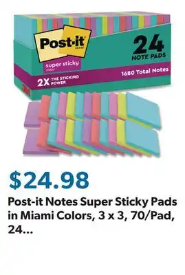 Sam's Club Post-it Notes Super Sticky Pads in Miami Colors, 3 x 3, 70/Pad, 24 Pads/Pack offer