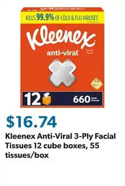 Sam's Club Kleenex Anti-Viral 3-Ply Facial Tissues 12 cube boxes, 55 tissues/box offer