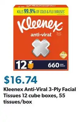 Sam's Club Kleenex Anti-Viral 3-Ply Facial Tissues 12 cube boxes, 55 tissues/box offer