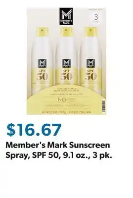 Sam's Club Member's Mark Sunscreen Spray, SPF 50, 9.1 oz., 3 pk offer