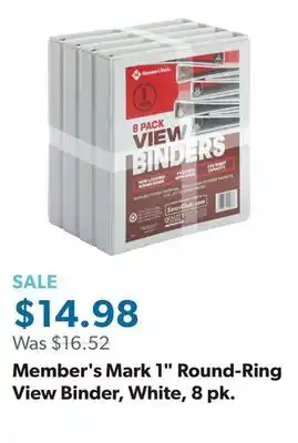Sam's Club Member's Mark 1 Round-Ring View Binder, White, 8 pk offer