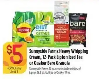 Raley's Sunnyside farms heavy whipping cream, lipton iced tea or quaker bare granola offer