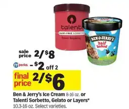 Meijer Ben & Jerry’s Ice Cream or Talenti Sorbetto, Gelato or Layers offer