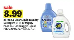 Meijer all Free & Clear Liquid Laundry Detergent or Mighty Pacs or Snuggle Liquid Fabric Softener offer