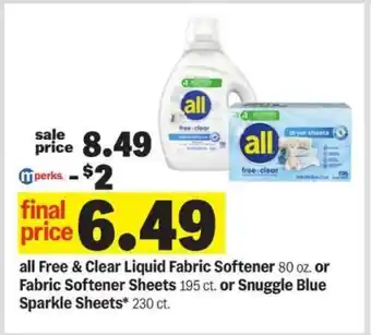 Meijer all Free & Clear Liquid Fabric Softener or Fabric Softener Sheets or Snuggle Blue Sparkle Sheets offer