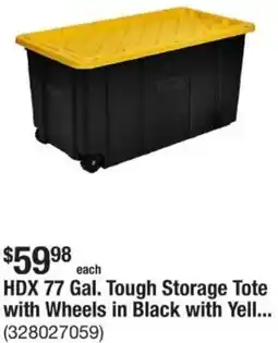 The Home Depot HDX 77 Gal. Tough Storage Tote with Wheels in Black with Yell offer
