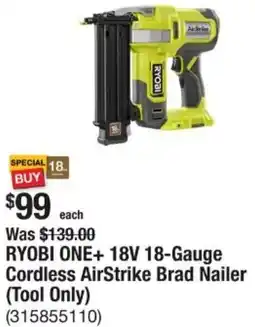 The Home Depot RYOBI ONE+ 18V 18-Gauge Cordless AirStrike Brad Nailer offer